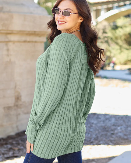 Basic Bae Full Size Ribbed Round Neck Long Sleeve Knit Top
