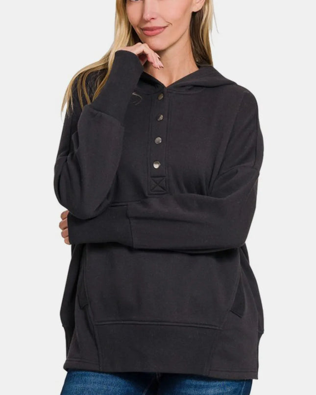 Zenana Half Snap Long Sleeve Hoodie with Kangaroo Pocket