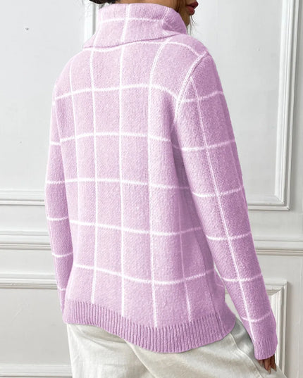 Plaid Turtleneck Long Sleeve Sweater
