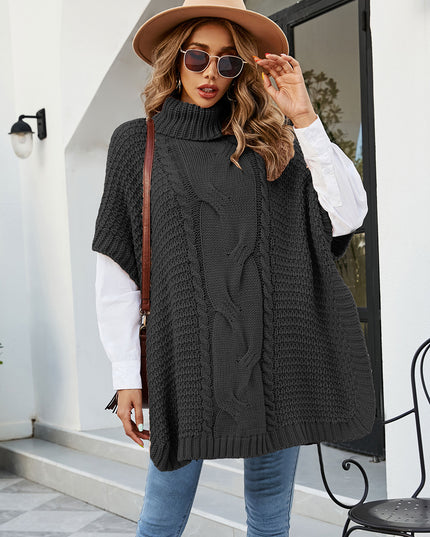 Cable-Knit Turtleneck Slit Sweater Black