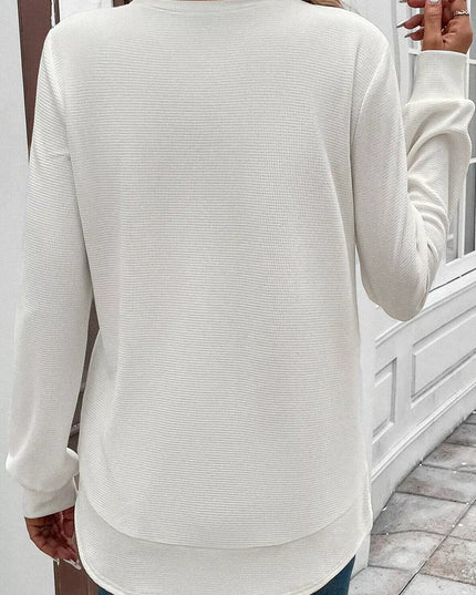 Rounded Neck Waffle Long Sleeve Top