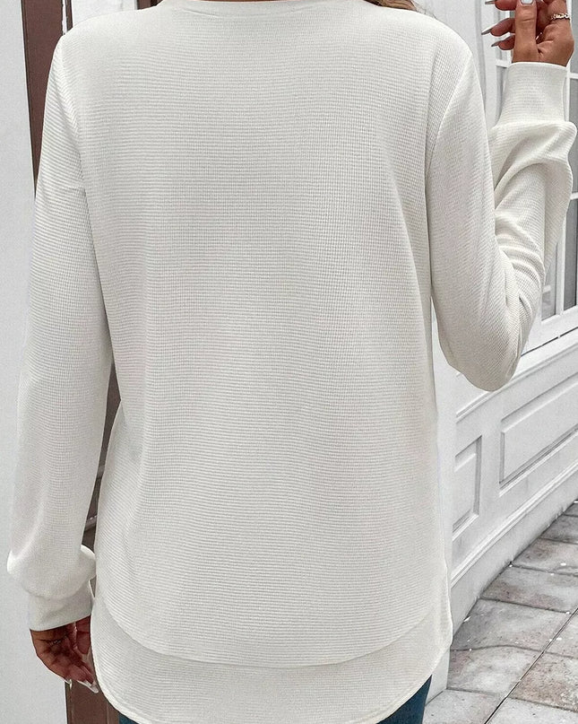 Rounded Neck Waffle Long Sleeve Top