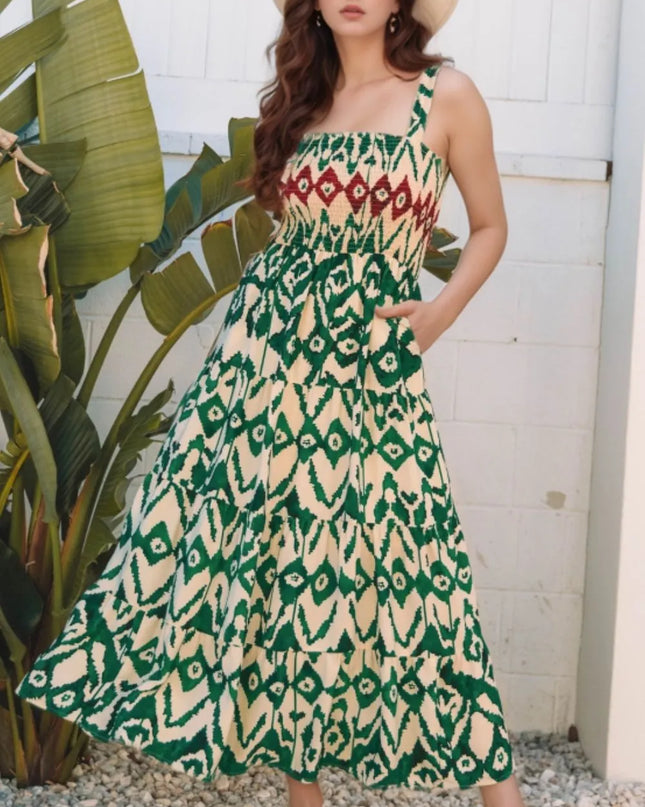 Western Aztec Shirred A-line Sleeveless Maxi Dress Dark Green