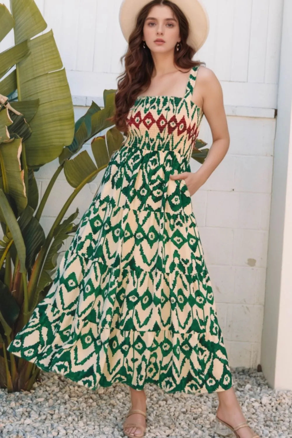 Western Aztec Shirred A-line Sleeveless Maxi Dress Dark Green