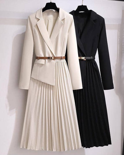 DR056Y Women Blazer Pleated Dress with Genius Leatther Belt