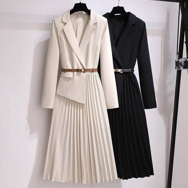 DR056Y Women Blazer Pleated Dress with Genius Leatther Belt