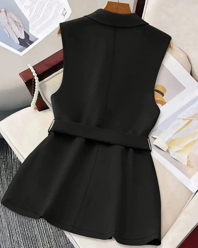Tie Waist Lapel Collar Sleeveless Blazer