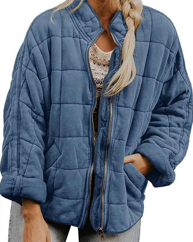 Full Size Zip Up Quilted Bomber Jacket Plus Size Gray