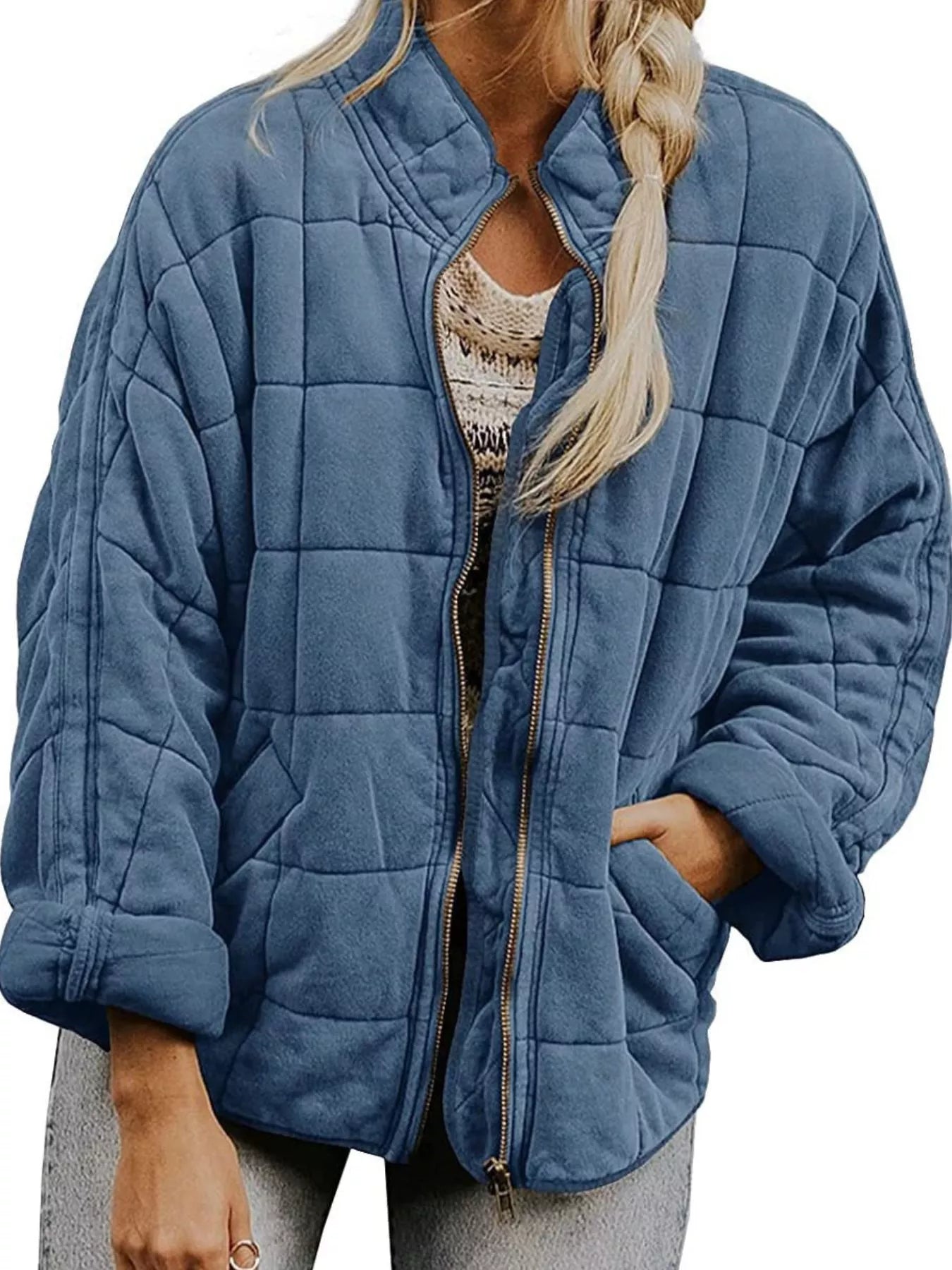 Full Size Zip Up Quilted Bomber Jacket Plus Size Gray