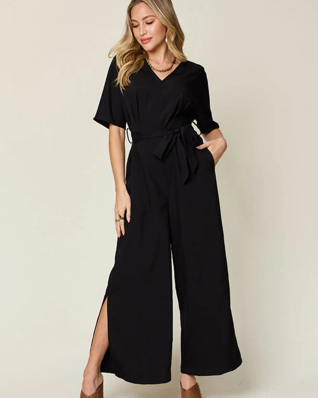 Double Take Full Size V-Neck Tied Side Slit Jumpsuit Black