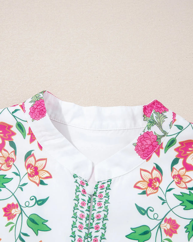 Floral Print Half Button Mandarin Neck 3/4 Sleeve Maxi Dress