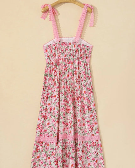 Floral Lace Tied Strap Square Neck Dress with Pockets 