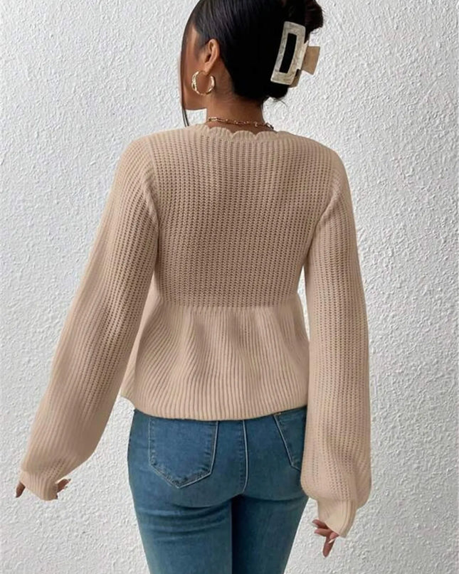 Scalloped V-Neck Drawstring Knit Top