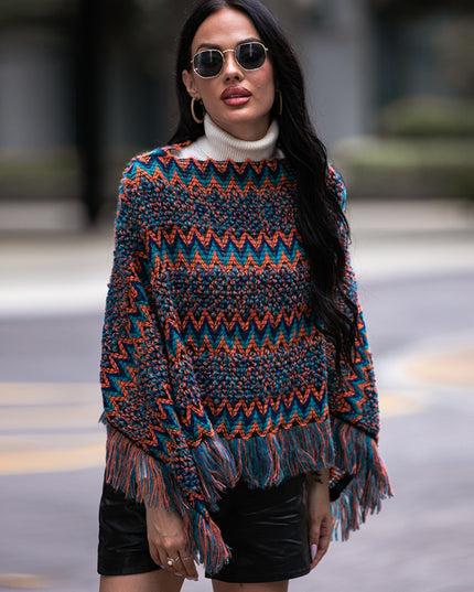 Shiny Fringe Hem Boat Neck Poncho