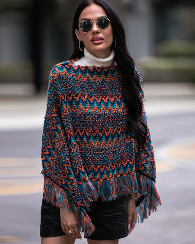 Shiny Fringe Hem Boat Neck Poncho