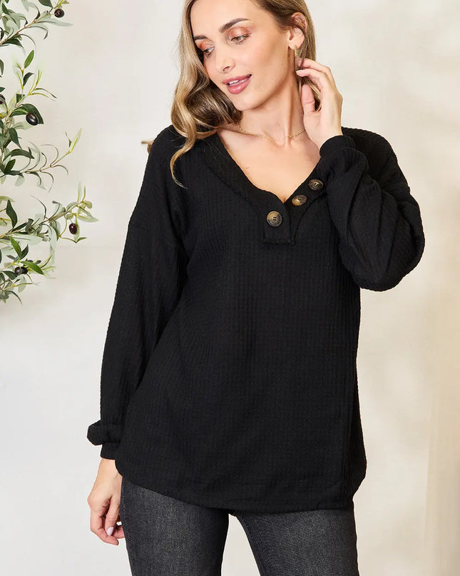 Zenana Buttoned Long Sleeve Blouse Black