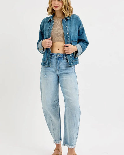 RISEN Oversized Cargo Pocket Denim Jacket with Cuffed Sleeves