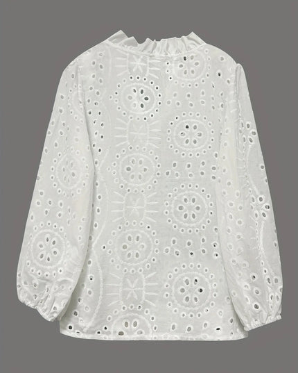 Eyelet Embroidered Button Front Shirt with Puffed Sleeves