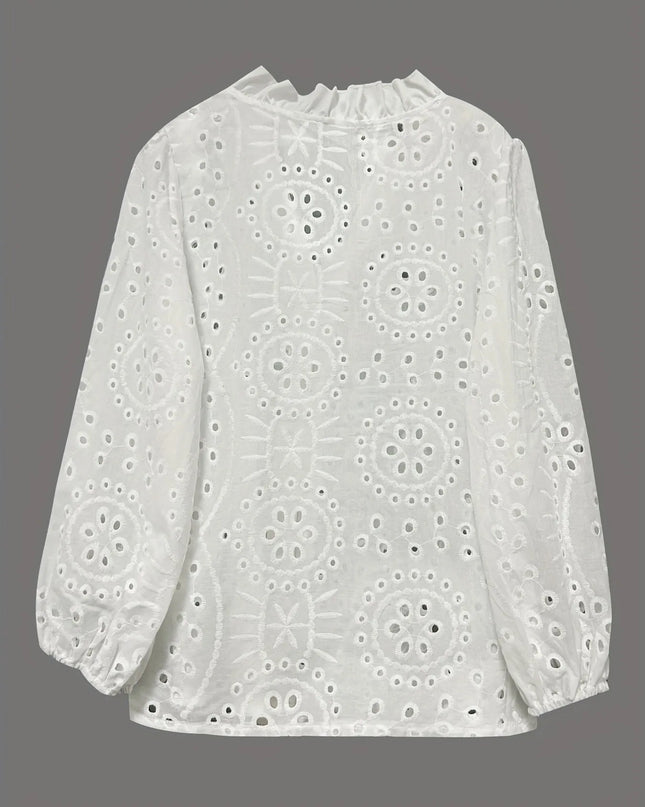 Eyelet Embroidered Button Front Shirt with Puffed Sleeves