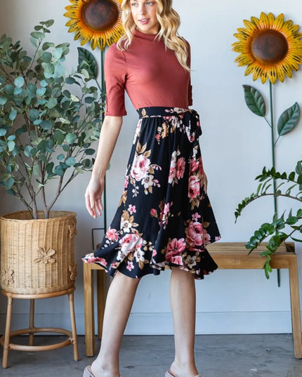 Reborn J Floral Wrap Ruffle Hem Dress