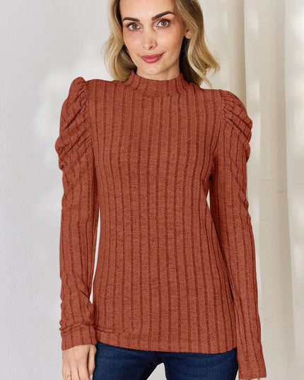 Basic Bae Full Size Ribbed Mock Neck Puff Sleeve T-Shirt Rust