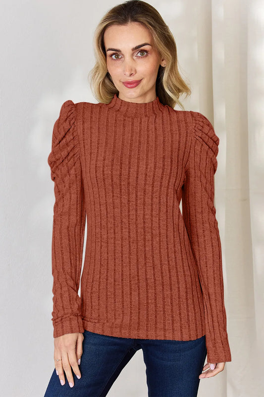 Basic Bae Full Size Ribbed Mock Neck Puff Sleeve T-Shirt Rust