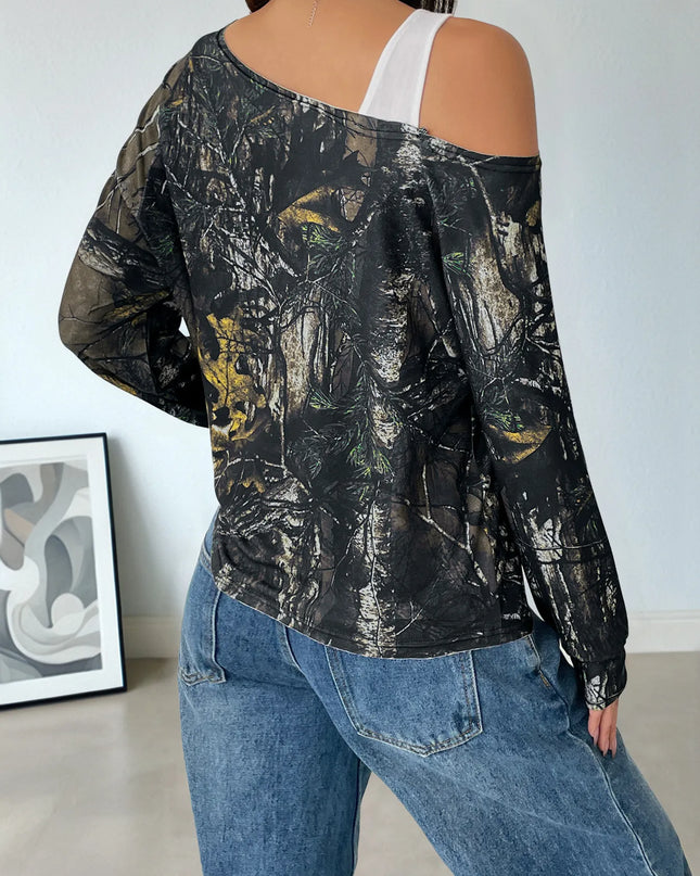 Asymmetrical Neck Printed Long Sleeve Top