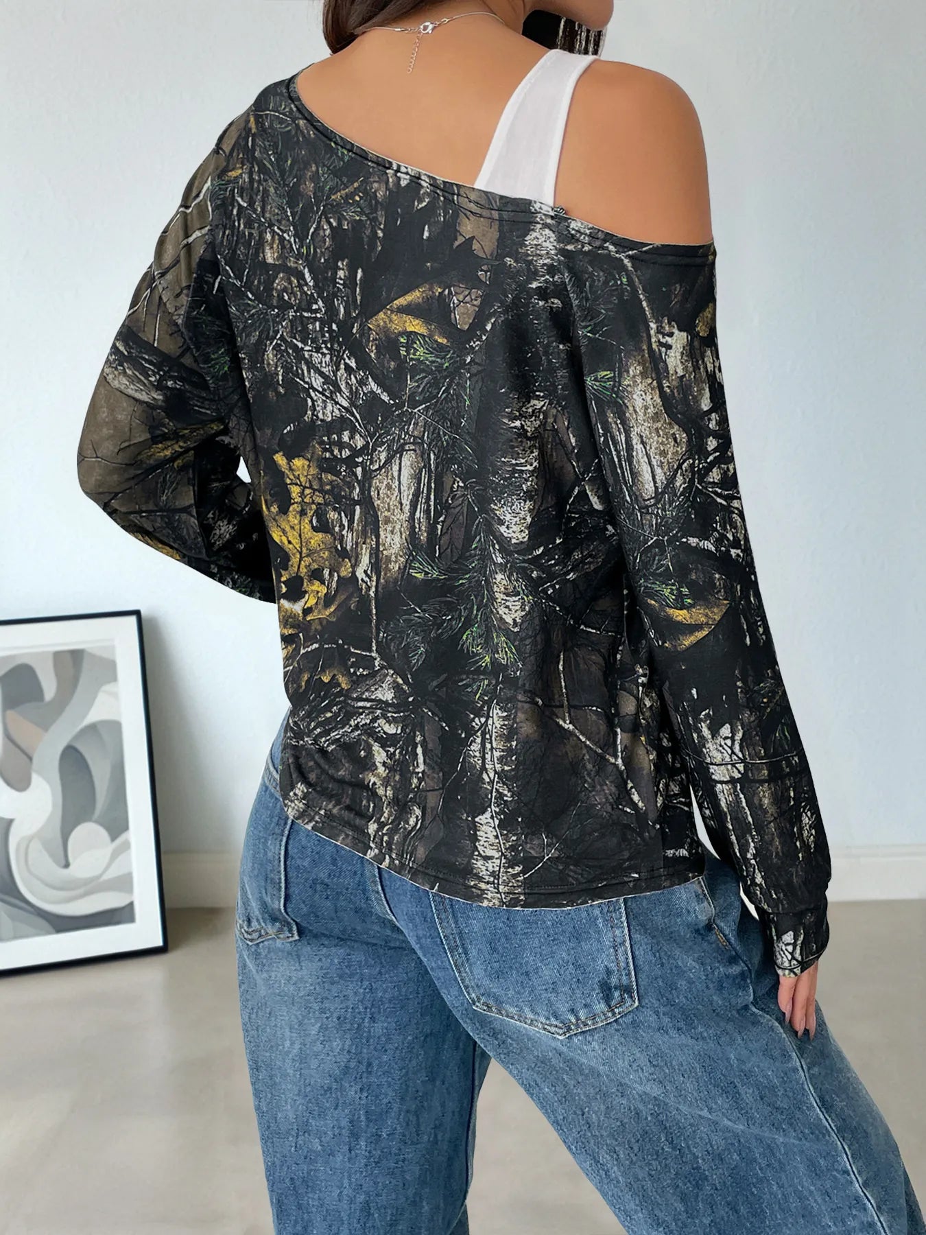 Asymmetrical Neck Printed Long Sleeve Top