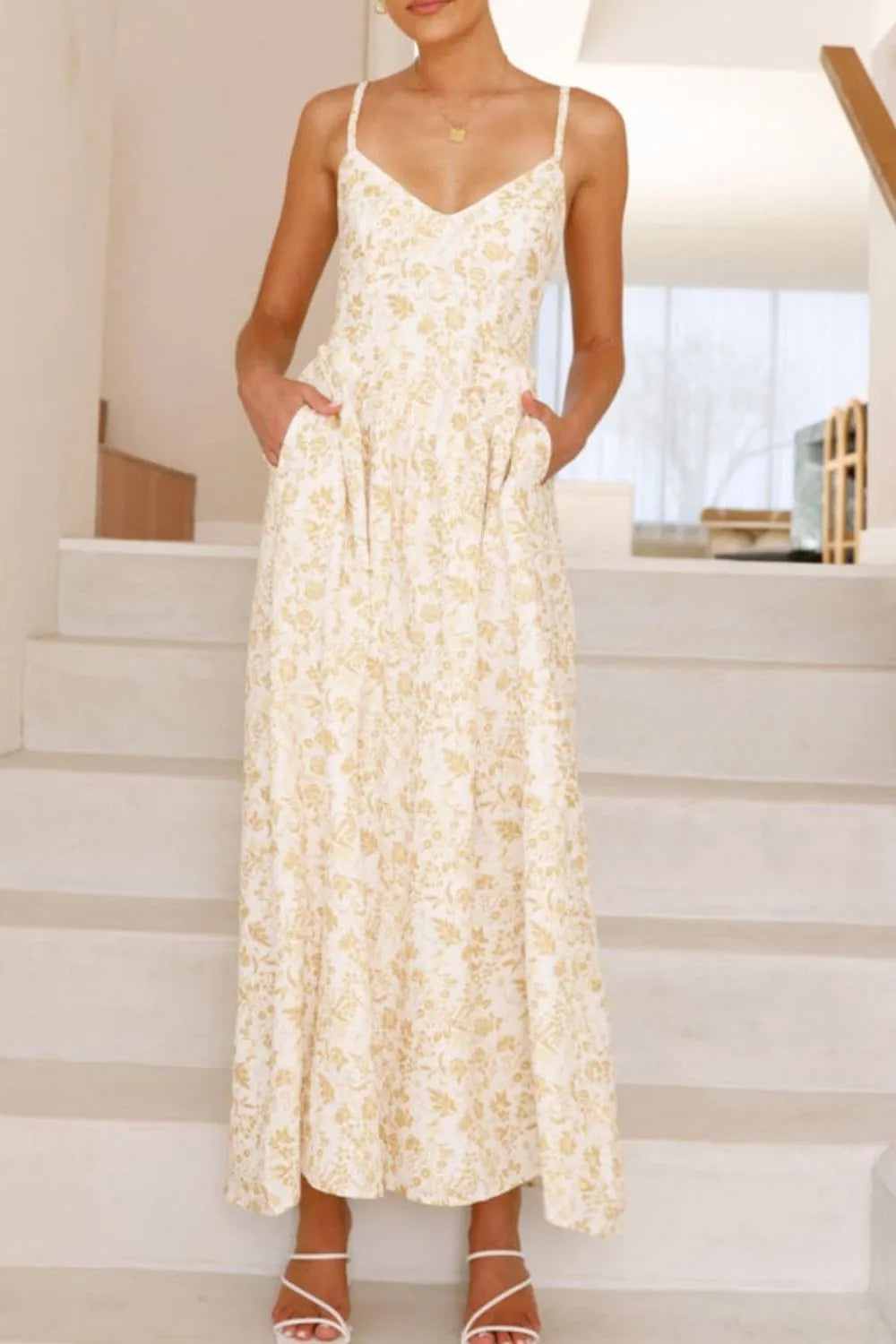 Bow Back Printed V-Neck Cami Dress Pastel Yellow