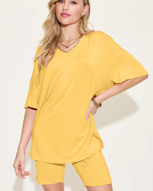 Basic Bae Bamboo Full Size V-Neck Drop Shoulder T-Shirt and Shorts Set Yellow