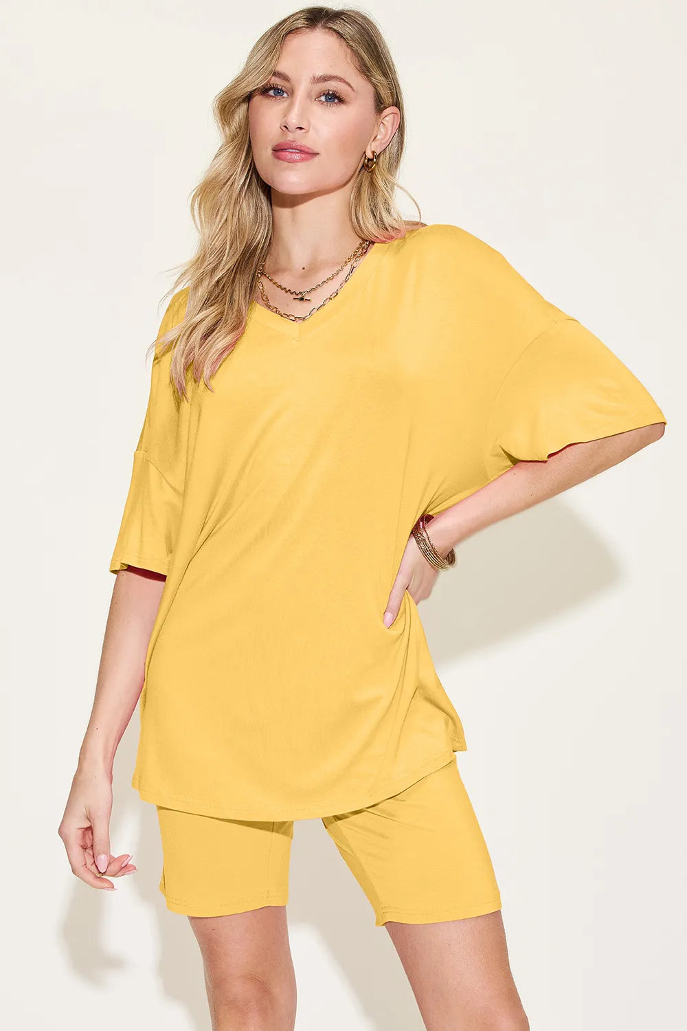 Basic Bae Bamboo Full Size V-Neck Drop Shoulder T-Shirt and Shorts Set Yellow