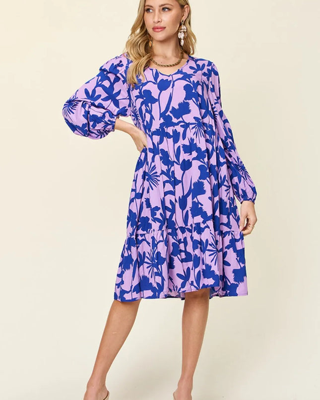 Double Take Full Size Printed Ruffle Hem Dress with Pocket