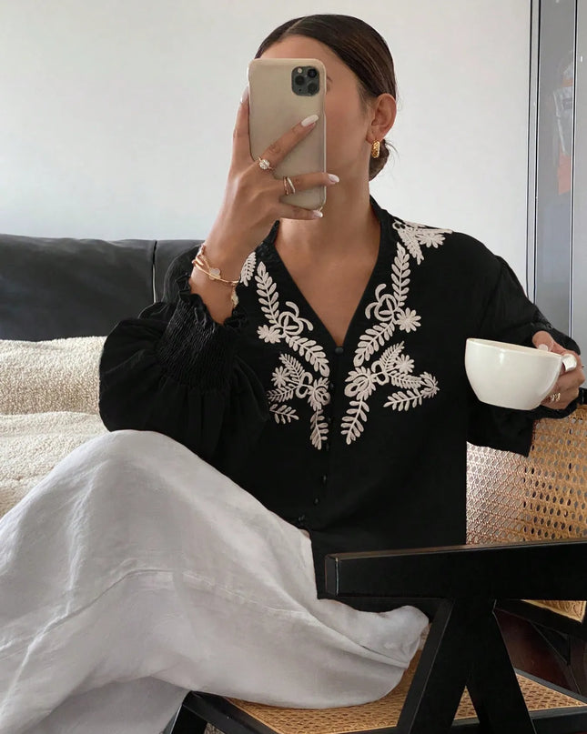 Embroidered Lantern Sleeve Blouse