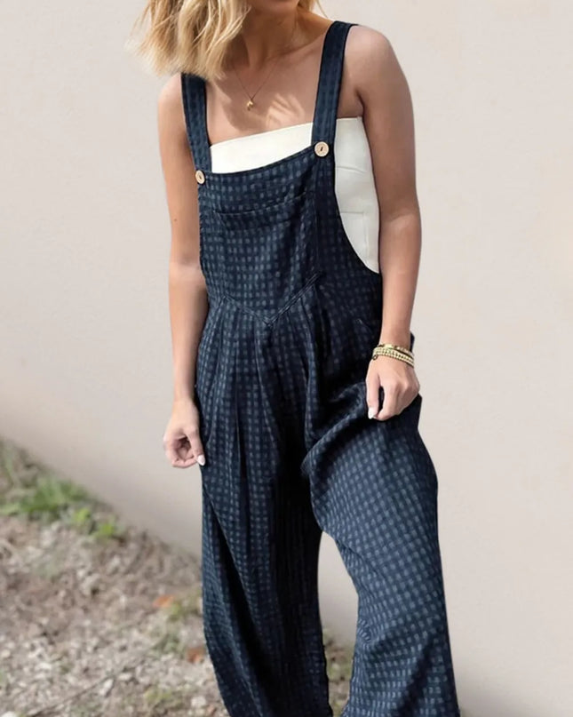 Oh Full Size Plaid Wide Leg Overalls with Pockets Peacock Blue