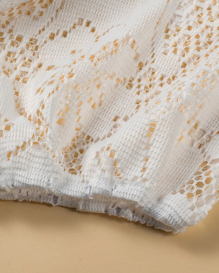 Lace Crochet Hollowed Scallop Hem V Neck Blouse