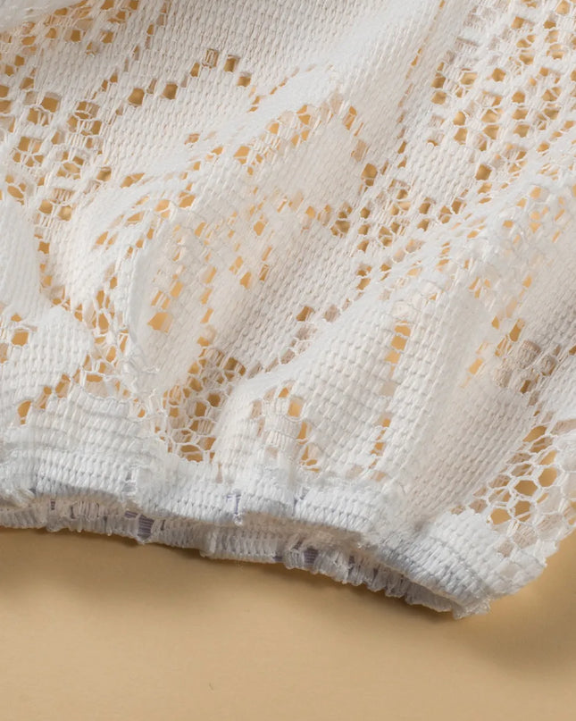 Lace Crochet Hollowed Scallop Hem V Neck Blouse