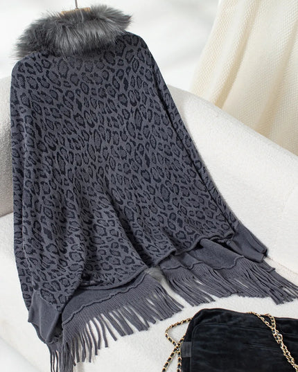 Fringe Leopard Open Front Long Sleeve Poncho