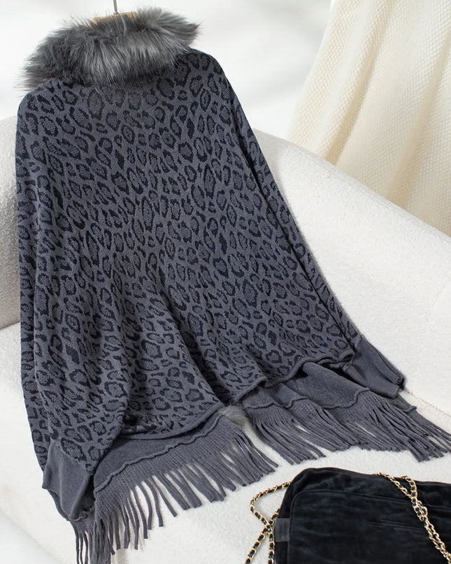 Fringe Leopard Open Front Long Sleeve Poncho