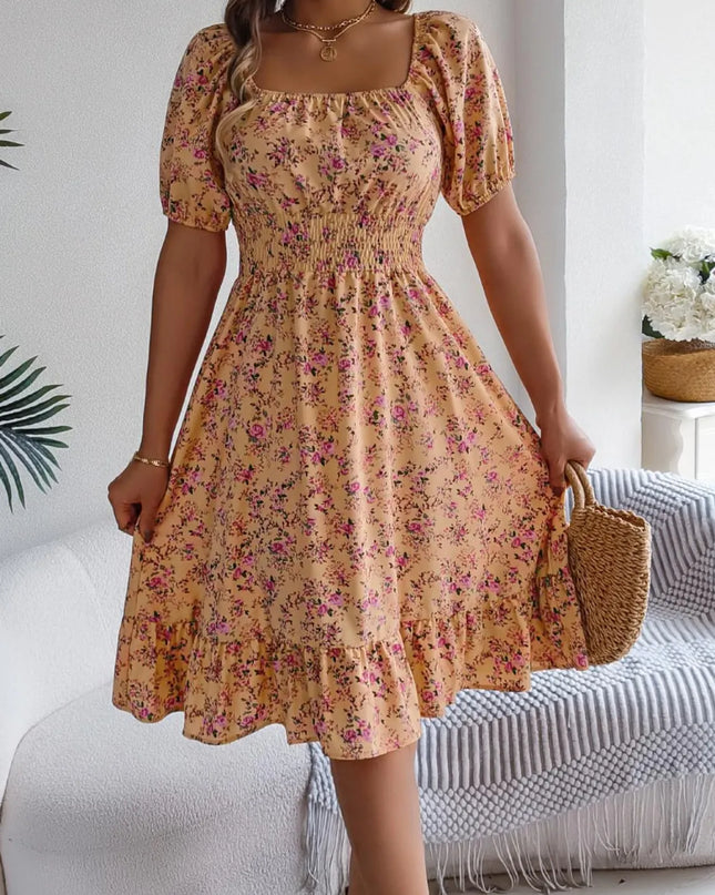 Ruffled Hem Floral Puff Sleeve Dress