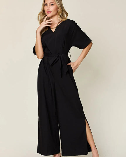 Double Take Full Size V-Neck Tied Side Slit Jumpsuit