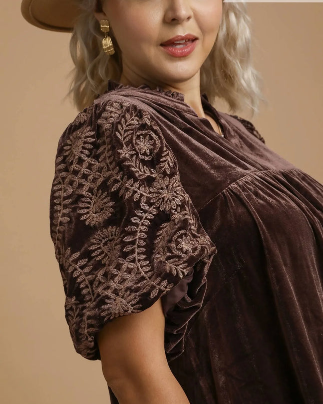 Umgee Full Size Velvet Embroidered Sleeve Blouse Plus Size