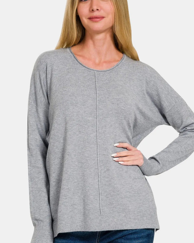Zenana Front Seam Round Neck Sweater Gray