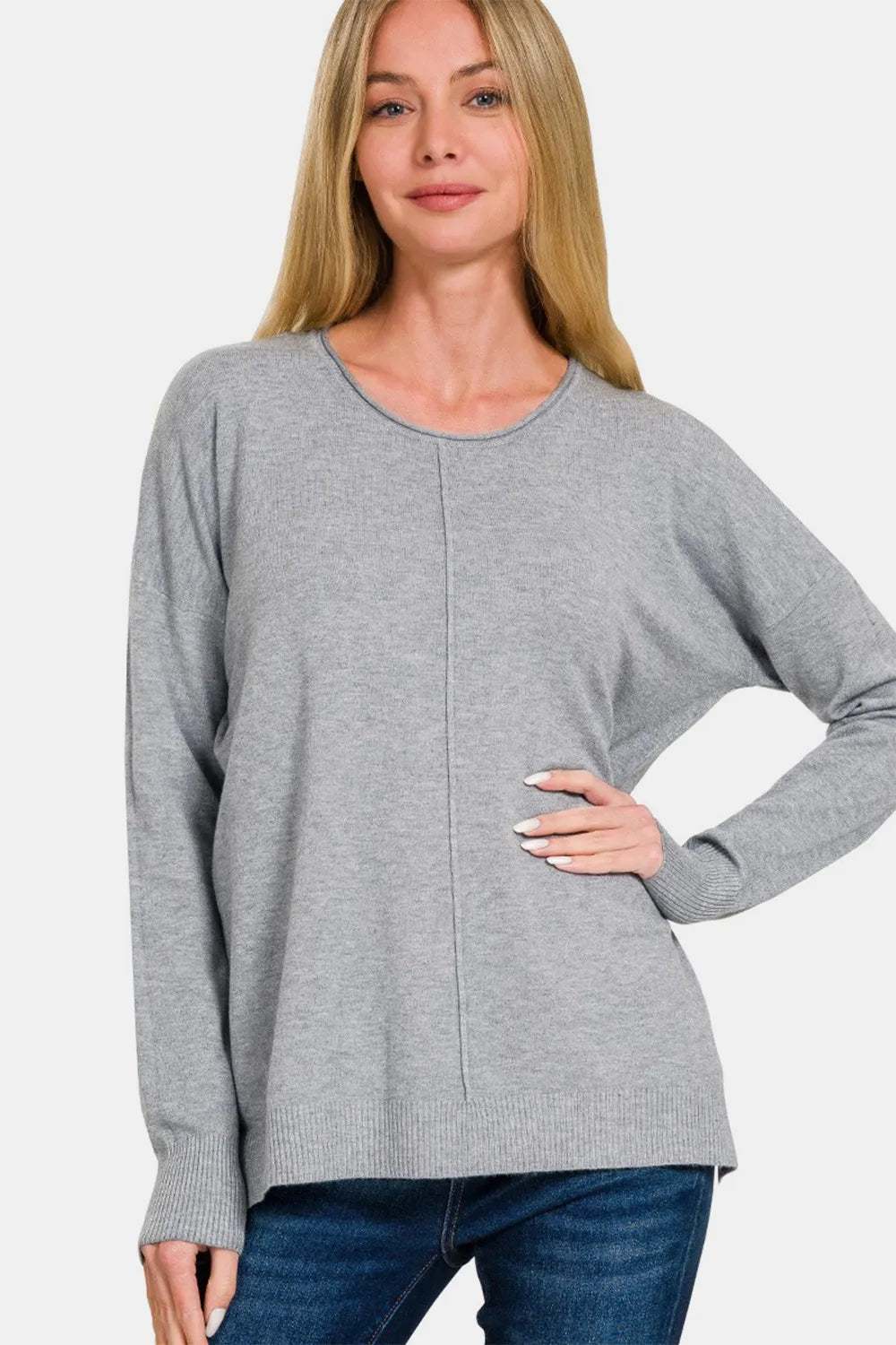 Zenana Front Seam Round Neck Sweater Gray