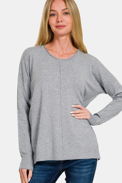 Zenana Front Seam Round Neck Sweater Gray