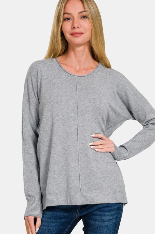Zenana Front Seam Round Neck Sweater Gray