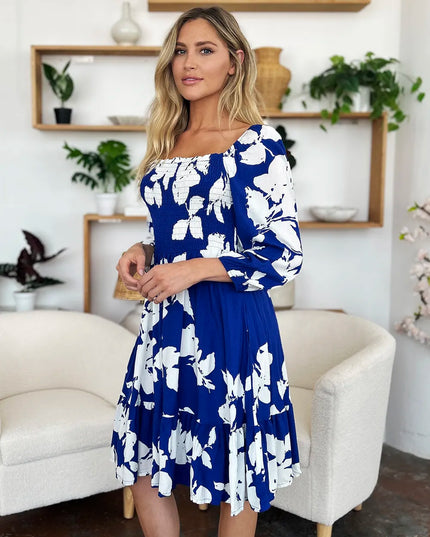 Double Take Full Size Floral Ruffle Hem Smocked Dress with Pockets