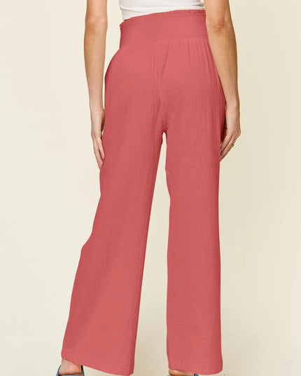 Double Take Full Size Texture Smocked Waist Wide Leg Pants