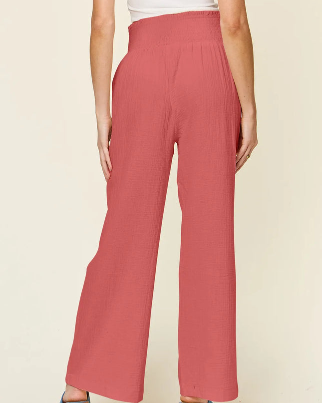 Double Take Full Size Texture Smocked Waist Wide Leg Pants