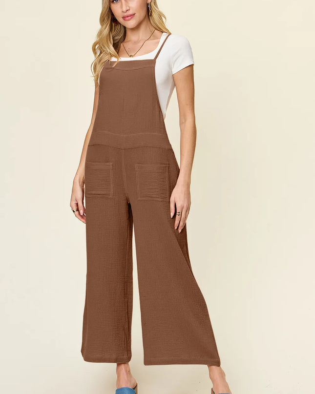 Double Take Full Size Texture Sleeveless Wide Leg Overall Mocha