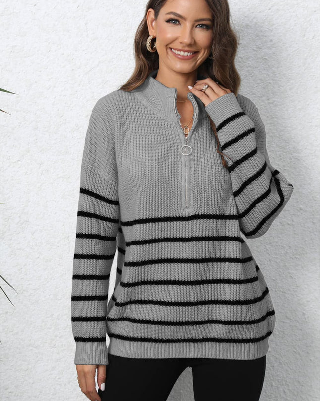 Mock Neck Long Sleeve Zip-Up Sweater Dark Gray One Size